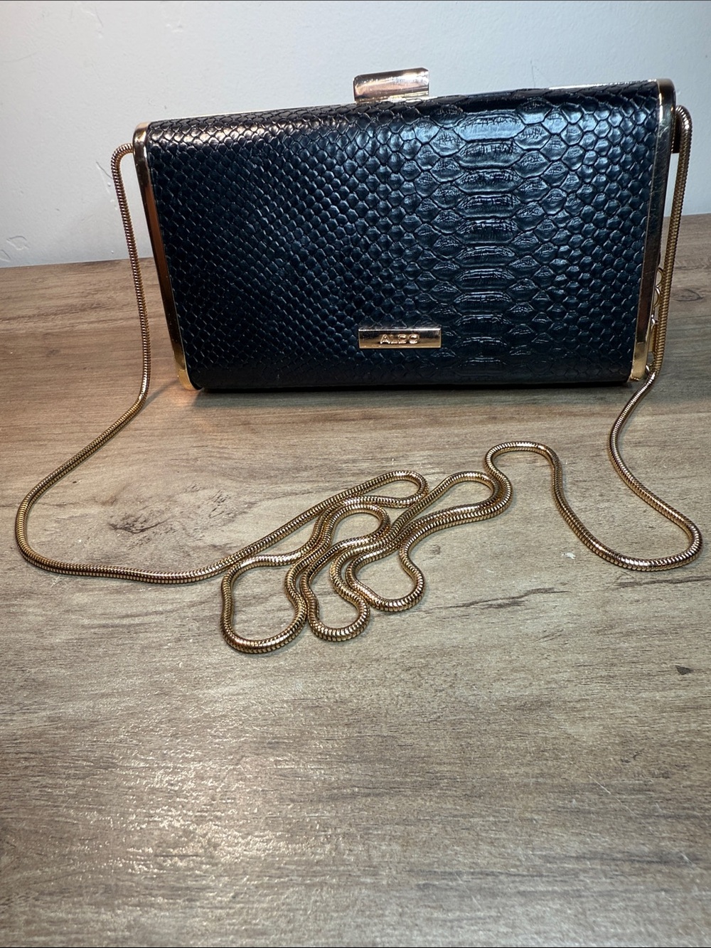 Aldo Black Python-Embossed Clutch with Gold Chain Strap